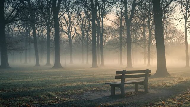 A serene foggy park scene with tall trees and a wooden bench creating a peaceful atmosphere in natural surroundings