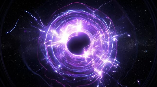 Cinematic 4k purple color circular shockwave energy blast with glowing particles and explosive motion on black background