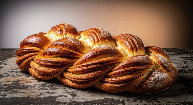 Intricate artisanal braided bread loaf resting on a rustic wooden surface, highlighting the golden crust texture and complex dough pattern, dinner, detail, pattern