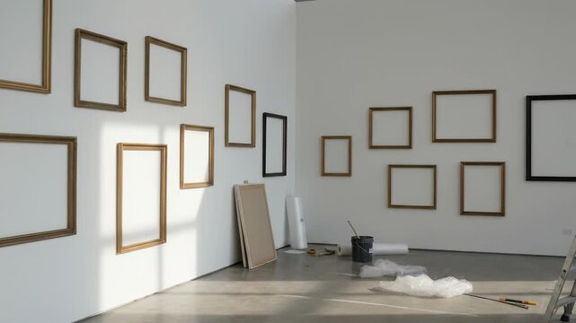 An art gallery exhibition space with numerous empty picture frames mounted on a stark white wall receiving natural light suggesting anticipation ahead of an art show