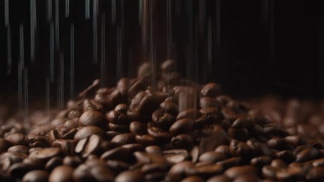 coffee beans raining motion dark cinematic background