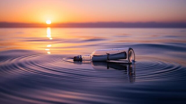 A serene glass bottle floats on calm water at sunset with a peaceful atmosphere and vibrant colors
