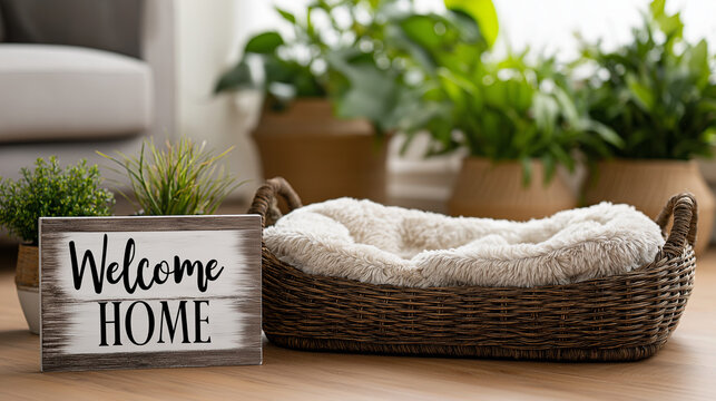 Welcome home sign sits next to an empty dog bed on a wooden floor, plants in background