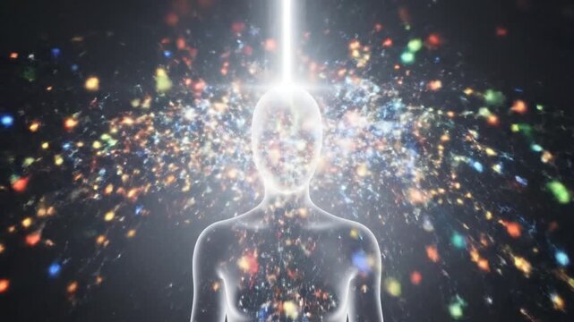 Spiritual Enlightenment Concept with Humanoid Figure and Light Beam.