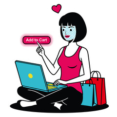 Fototapeta premium Woman shopping online, person sitting with a laptop clicking an add to cart button, e-commerce and digital store concept illustration isolated on a white background.