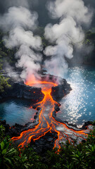 Volcanic eruption with lava flowing into the ocean
