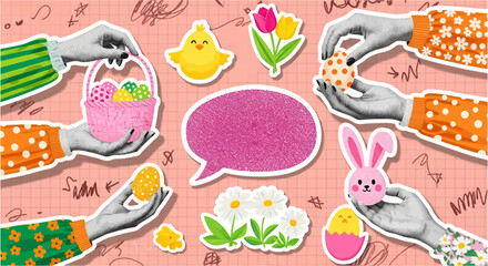 Whimsical easter celebration collage featuring hands crafting decorated eggs holding a basket of colorful easter eggs and placing a chick in an egg surrounded by cute chicks tulips daisies and a pink © craftsby.ib