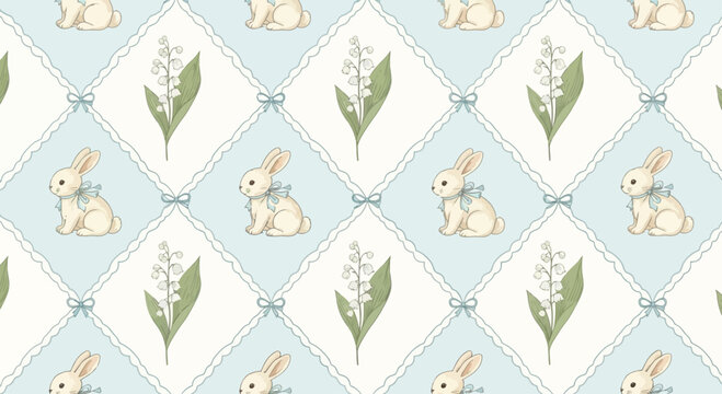 Charming seamless pattern featuring adorable watercolor bunnies and delicate lily of the valley flowers arranged in a diamond quilt design evoking a whimsical springtime celebration and easter