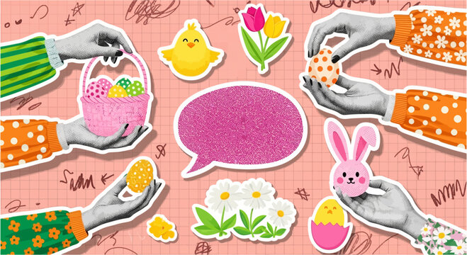 Whimsical easter celebration collage featuring hands crafting decorated eggs holding a basket of colorful easter eggs and placing a chick in an egg surrounded by cute chicks tulips daisies and a pink