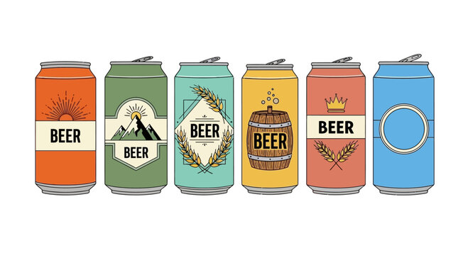 Collection of colorful beverage cans featuring diverse artistic designs including mountain landscapes rustic barrels and abstract patterns promoting a celebratory atmosphere for parties gatherings
