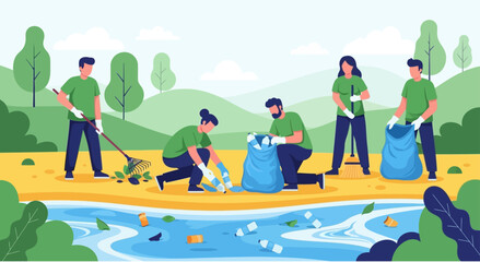 People in green shirts picking up trash and cleaning a polluted riverbank with blue bags © craftsby.ib