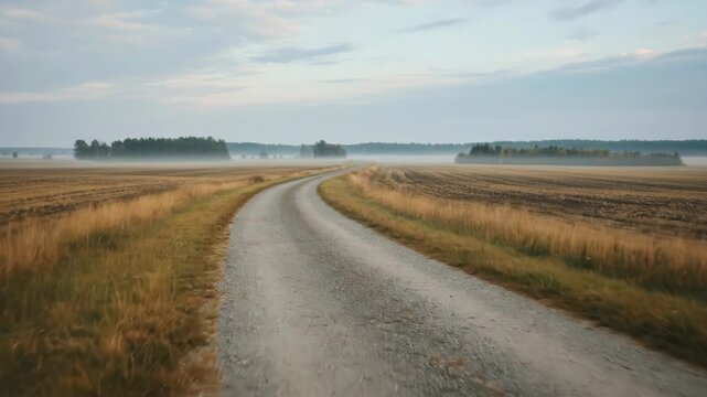 Serene rural landscape features a winding gravel road flanked by golden fields under a clear sky with distant hills and sparse trees creating a peaceful countryside scene