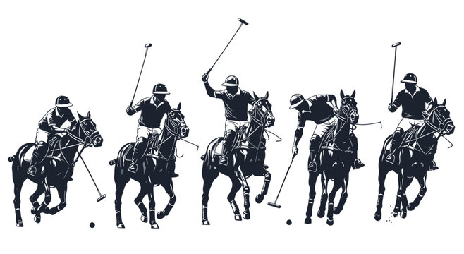 Dynamic polo match silhouette five riders on horseback engage in intense competition swinging mallets to strike ball capturing the thrill of equestrian sport and aristocratic pastime with energetic