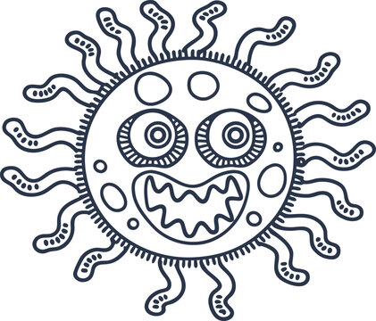 Funny virus character with big eyes and jagged mouth, black outline drawing