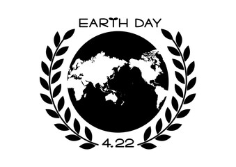 アースデー黒アイコン 葉の飾りと世界地図