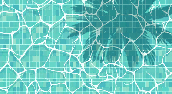 Turquoise swimming pool water surface with sunlight reflections and ripples on a grid patterned pool floor