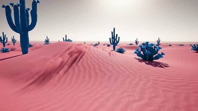 Minimalist desert landscape with soft pink sand dunes and scattered blue cacti under clear sky creating surreal modern environmental scene. Nature concept