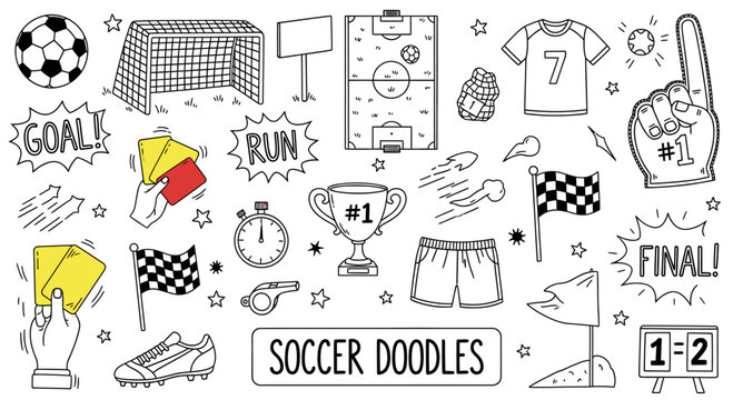 Soccer doodles collection with goal trophy jersey and sports equipment illustrating various football actions and emotions