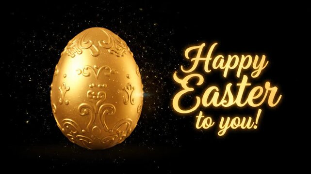 Golden easter egg with ornate patterns and a glowing happy easter message. A luxury holiday greeting concept with sparkling glitter and magical particles on a black background
