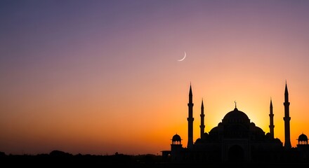 Mosque silhouette with crescent moon against vibrant sunset sky
