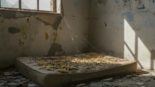 An abandoned room with deteriorating walls and a dusty bed frame illuminated by sunlight through a small window creating a melancholic atmosphere