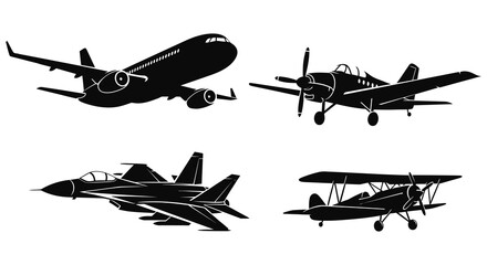 Four aircraft in black including a jet biplane and fighter silhouette © Rina