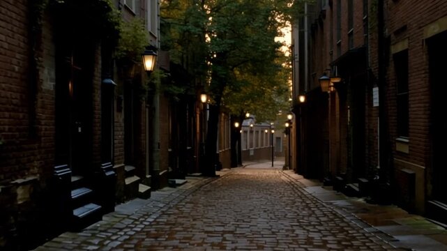 A serene cobblestone alleyway in a historic neighborhood at dusk, lined with brick buildings and street lamps