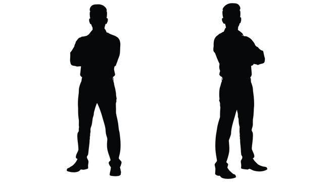 Two men standing with arms crossed depicted as a stark silhouette