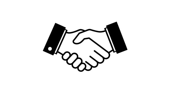 A black and white icon depicting two hands clasped in a handshake, set against a stark white background