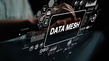 Hands interacting with futuristic digital interface showcasing data mesh concept with analytical...