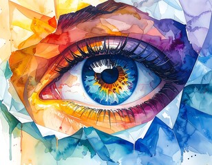 Watercolor painting of a blue human eye surrounded by colorful, geometric shapes and dripping paint