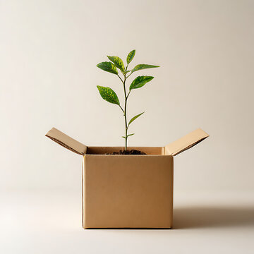 New Beginnings: A Young Plant Sprouts from an Open Cardboard Box, Symbolizing Growth and Fresh Starts