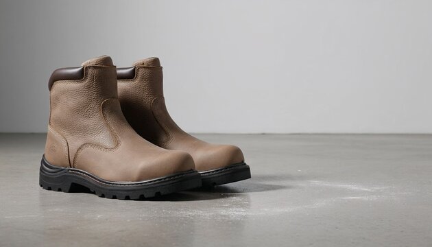Brown leather work boots on concrete floor in minimalist style  
