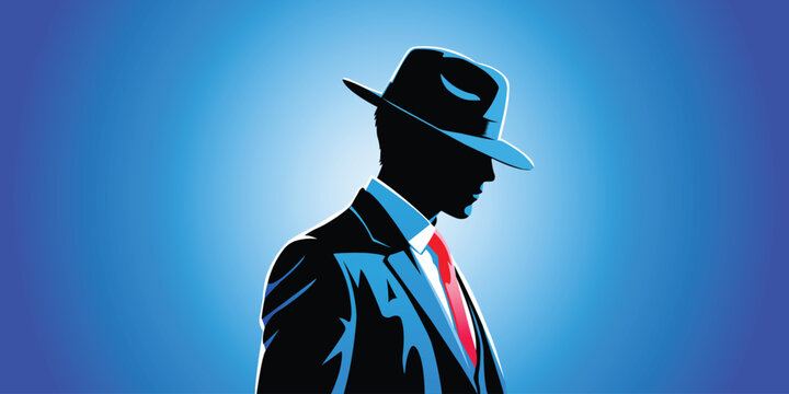 A mysterious man in a suit and hat stands against a blue background