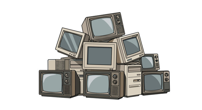 A disorganized stack of outdated vintage desktop computers and bulky old CRT monitors piled together for recycling or disposal.