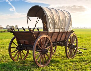 Wooden wagon with a canvas cover, sitting in a green field against a partly cloudy sky