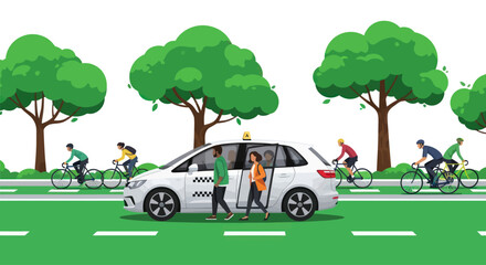 People riding bicycles and getting into a white taxi on a green street with trees. © il