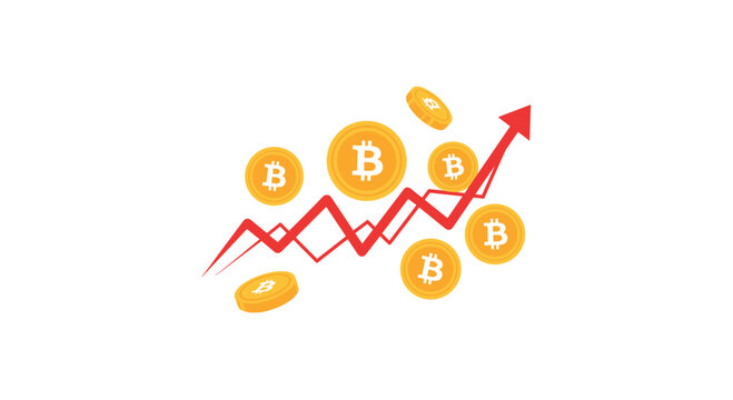 Golden bitcoin coins are depicted flying upwards around a dynamic red line graph showing an increasing trend against a clear white background.