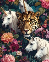 Whimsical collage Unicorns and a jaguar nestled among lush, colorful flowers and foliage in a dark, magical garden