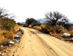 Sandy dirt road with roadside litter, sparse trees, brush and distant mountain against bright white sky in outdoor setting