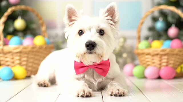 Cute westie dog with a festive pink bow tie celebrates the spring holiday season at home. An adorable white terrier puppy lies next to a basket full of colorful painted easter eggs
