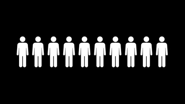 Ten people icons animated isolated on black background 4K resolution video. Ten human icons standing side by side in a row on a black background. Minimalist silhouette illustration