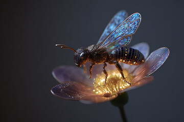 Intricate digital art of a metallic bee with translucent wings resting on a purple flower, showcasing a futuristic and artistic insect concept.