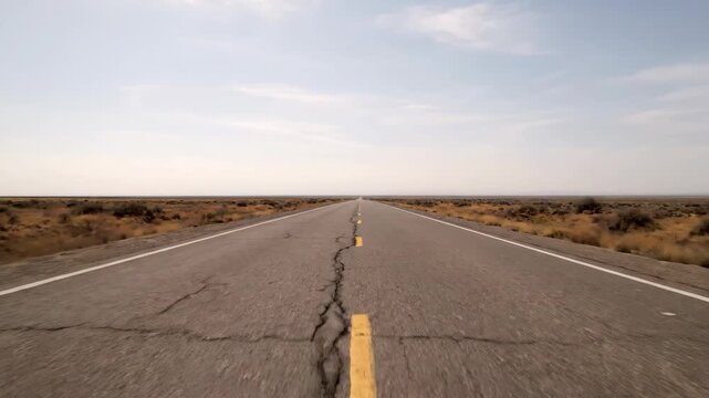 Point of view driving on a long straight desert highway stretching to the horizon. An empty two lane road through an arid landscape representing a journey or road trip concept