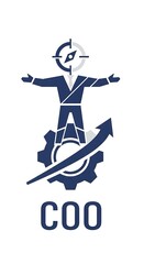 Obraz premium Graphic illustrating business leadership. Figure with compass head stands on gear with upward arrow. COO text below