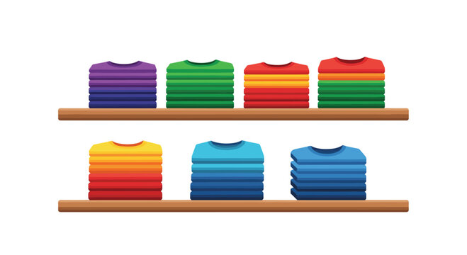 Multiple vibrantly colored stacks of neatly folded t-shirts and polo shirts arranged on two wooden shelves against a white background.