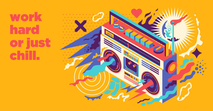 Conceptual illustration with ghetto blaster and colorful abstract shapes. Vector illustration.