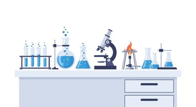 A bustling science laboratory bench features various beakers, test tubes, flasks, a microscope, and a Bunsen burner with a flame, all containing blue liquids.