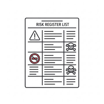 A vector graphic illustration of a risk register list with warning symbols and blank lines for data entry