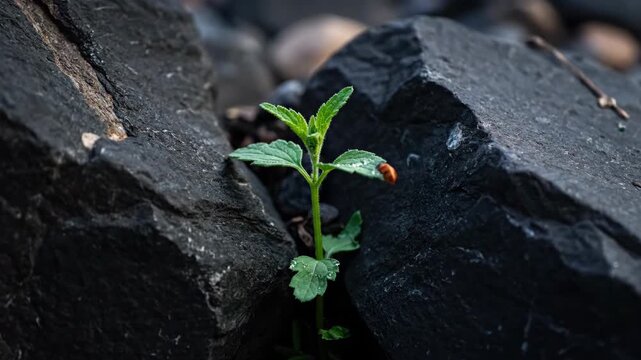 A tiny green sprout with a ladybug emerges from dark stones symbolizing new life. Macro detail of a resilient plant representing strength, hope, and overcoming adversity